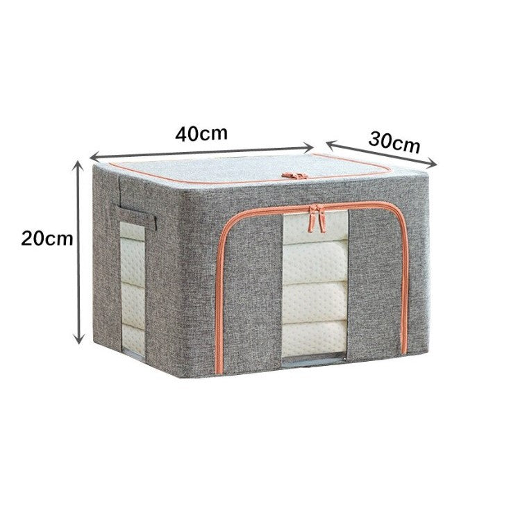 Cutie depozitare pliabila cu sigiliu, AngelBear, 24 L, din Bumbac si In, 40x30x20 cm, 2 Ferestre, Frontala si Laterala, 2 Usi de Acces cu Fermoar Bidirectional, Cadru Metalic, Suport Baza Stabil din Plastic, Gri