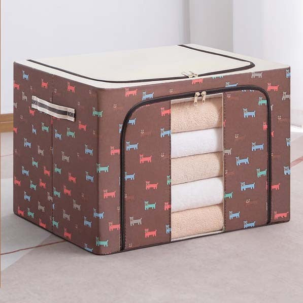 Cutie depozitare pliabila cu sigiliu, AngelBear, 24 L, Panza Oxford, 40x30x20 cm, Fereastra Frontala, 2 Usi de Acces cu Fermoar Bidirectional, Cadru Metalic, Suport Baza Stabil din Plastic, Imprimeu Catelus, Maro/Bej