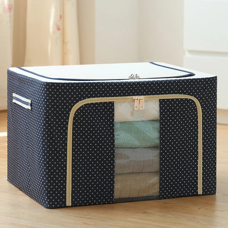 Cutie depozitare pliabila cu sigiliu, AngelBear, Cu Fermoar, 66 L, Textil, 50 x 40 x 33 cm, Cadru Metalic, Suport Baza Stabil din Plastic, Imprimeu Buline, Albastru Marin