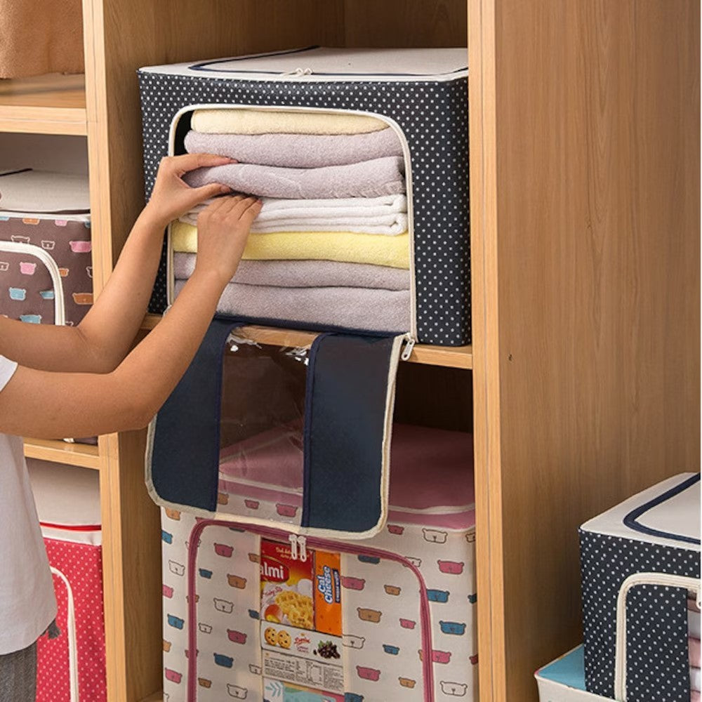 Cutie depozitare pliabila cu sigiliu, AngelBear, Cu Fermoar, 66 L, Textil, 50 x 40 x 33 cm, Cadru Metalic, Suport Baza Stabil din Plastic, Imprimeu Buline, Albastru Marin