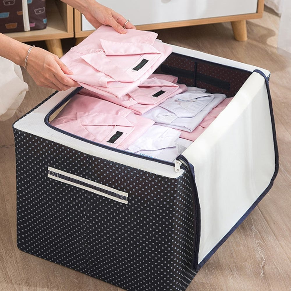 Cutie depozitare pliabila cu sigiliu, AngelBear, Cu Fermoar, 66 L, Textil, 50 x 40 x 33 cm, Cadru Metalic, Suport Baza Stabil din Plastic, Imprimeu Buline, Albastru Marin