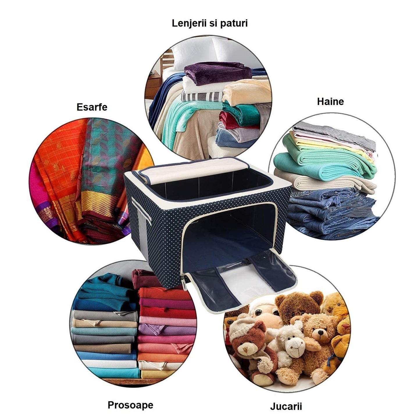Cutie depozitare pliabila cu sigiliu, AngelBear, Cu Fermoar, 66 L, Textil, 50 x 40 x 33 cm, Cadru Metalic, Suport Baza Stabil din Plastic, Imprimeu Buline, Albastru Marin