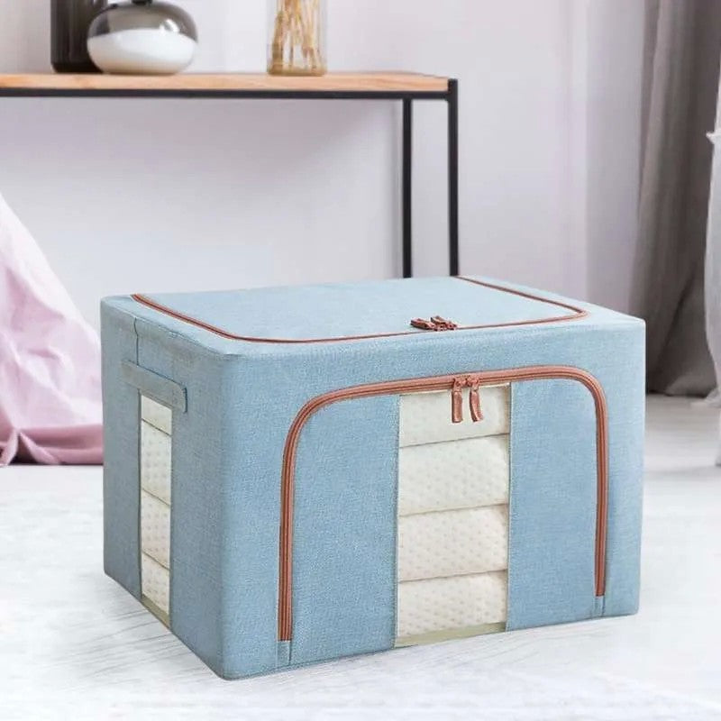 Cutie depozitare pliabila cu sigiliu, AngelBear, 66 L, din Bumbac si In, 50x40x33 cm, 2 Ferestre, Frontala si Laterala, 2 Usi de Acces cu Fermoar Bidirectional, Cadru Metalic, Suport Baza Stabil din Plastic, Bleu