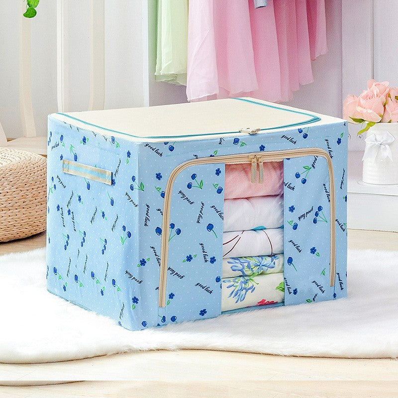 Cutie depozitare pliabila cu sigiliu, AngelBear, 66 L, din Tesatura Oxford, 50x40x33 cm, Fereastra Frontala, 2 Usi de Acces cu Fermoar Bidirectional, Cadru Metalic, Suport Baza Stabil din Plastic, Imprimeu Cirese, Albastru