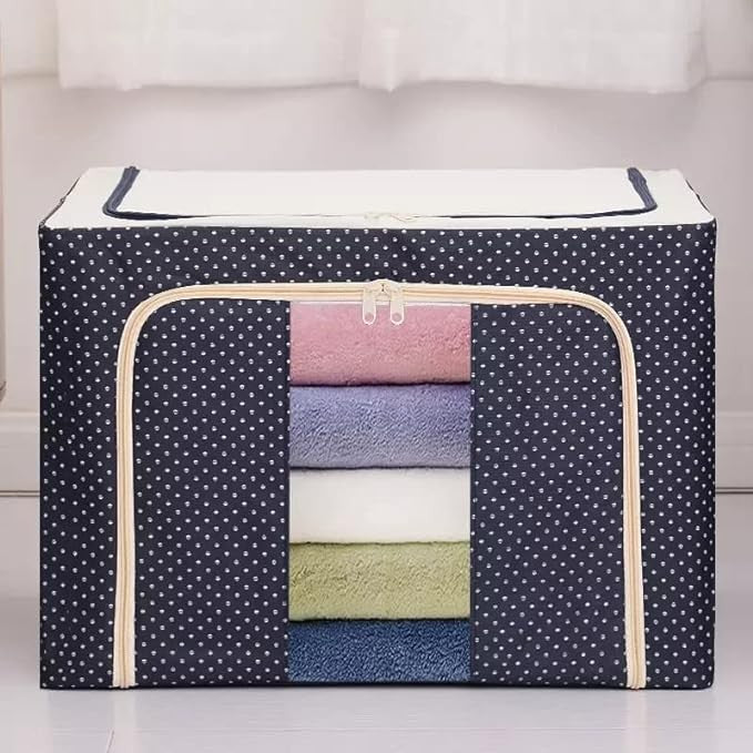 Cutie depozitare pliabila cu sigiliu, AngelBear, 66 L, din Panza Oxford, 50x40x33 cm, 2 Ferestre, Frontala si Laterala, 2 Usi de Acces cu Fermoar Bidirectional, Cadru Metalic, Suport Baza Stabil din Plastic, Imprimeu Buline, Albastru Marin