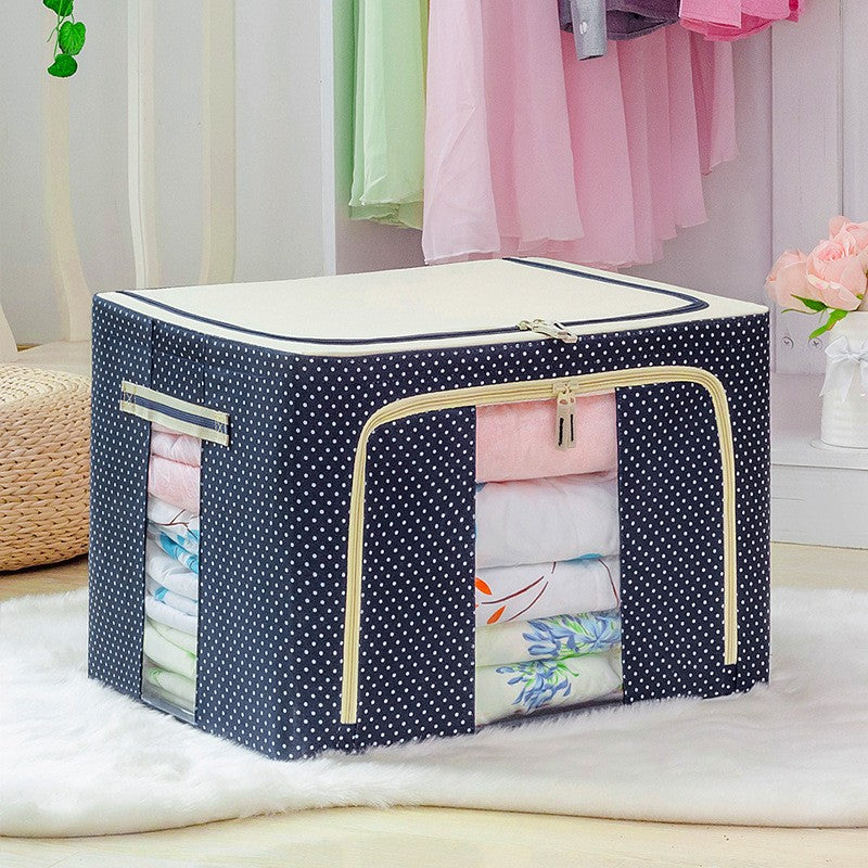 Cutie depozitare pliabila cu sigiliu, AngelBear, 66 L, din Panza Oxford, 50x40x33 cm, 2 Ferestre, Frontala si Laterala, 2 Usi de Acces cu Fermoar Bidirectional, Cadru Metalic, Suport Baza Stabil din Plastic, Imprimeu Buline, Albastru Marin