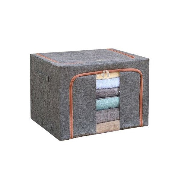 Cutie depozitare pliabila cu sigiliu, AngelBear, 66 L, din Bumbac si In, 50x40x33 cm, Fereastra Frontala, 2 Usi de Acces cu Fermoar Bidirectional, Cadru Metalic, Suport Baza Stabil din Plastic, Gri