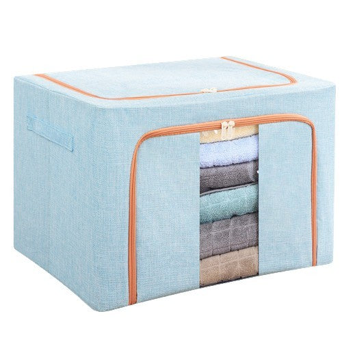 Cutie depozitare pliabila cu sigiliu, AngelBear, 66 L, din Bumbac si In, 50x40x33 cm, Fereastra Frontala, 2 Usi de Acces cu Fermoar Bidirectional, Cadru Metalic, Suport Baza Stabil din Plastic, Bleu