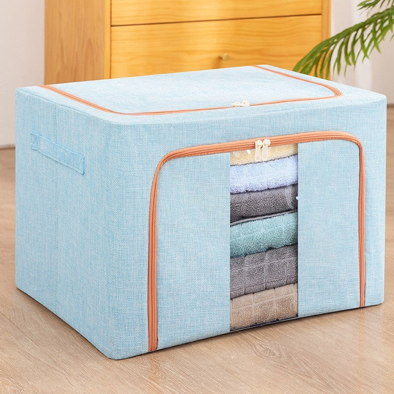 Cutie depozitare pliabila cu sigiliu, AngelBear, 66 L, din Bumbac si In, 50x40x33 cm, Fereastra Frontala, 2 Usi de Acces cu Fermoar Bidirectional, Cadru Metalic, Suport Baza Stabil din Plastic, Bleu