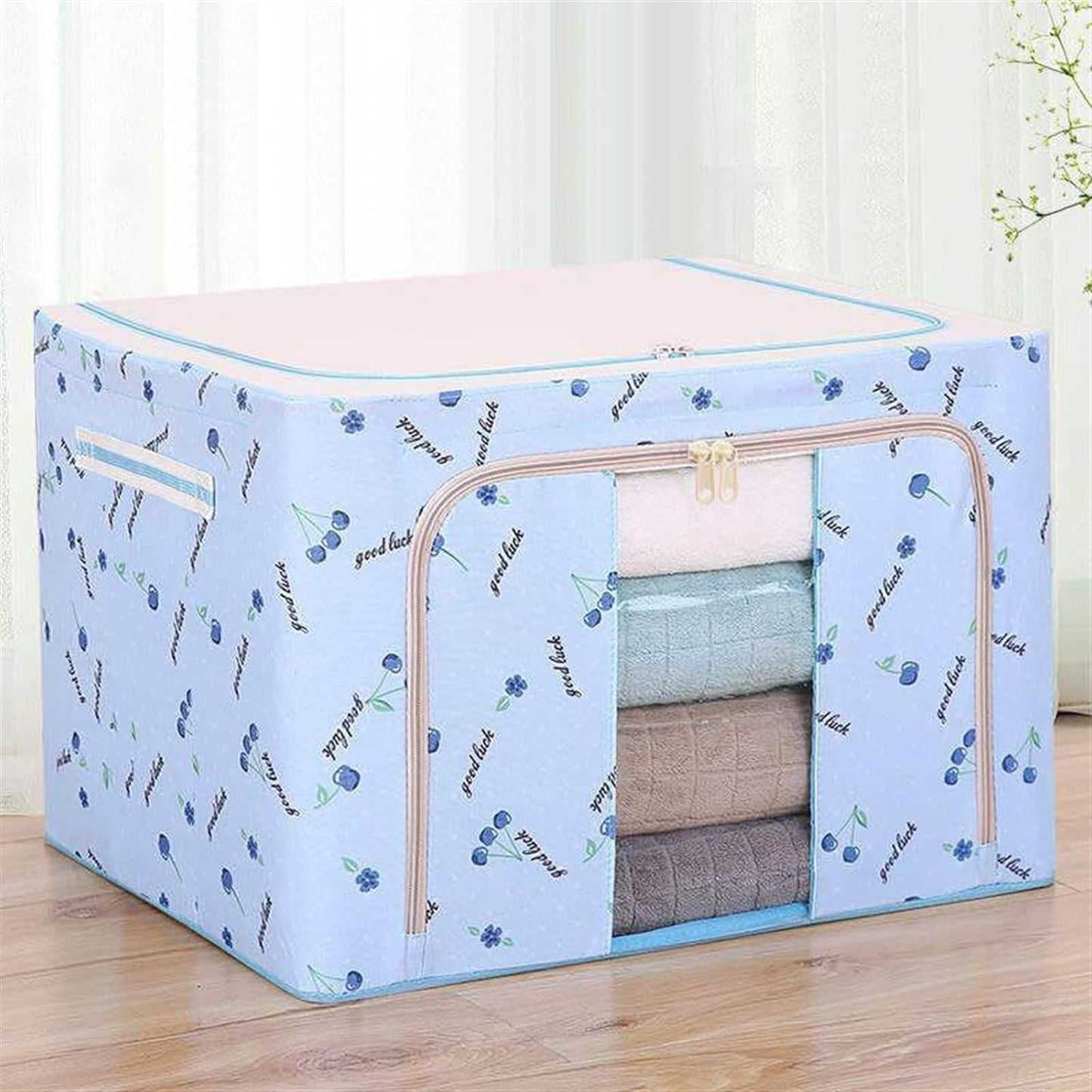 Cutie depozitare pliabila cu sigiliu, AngelBear, Cu Fermoar, 66 L, Textil, 50x40x33 cm, cu 2 Ferestre, Cadru Metalic, Suport Baza Stabil din Plastic, Imprimeu Cirese, Albastru