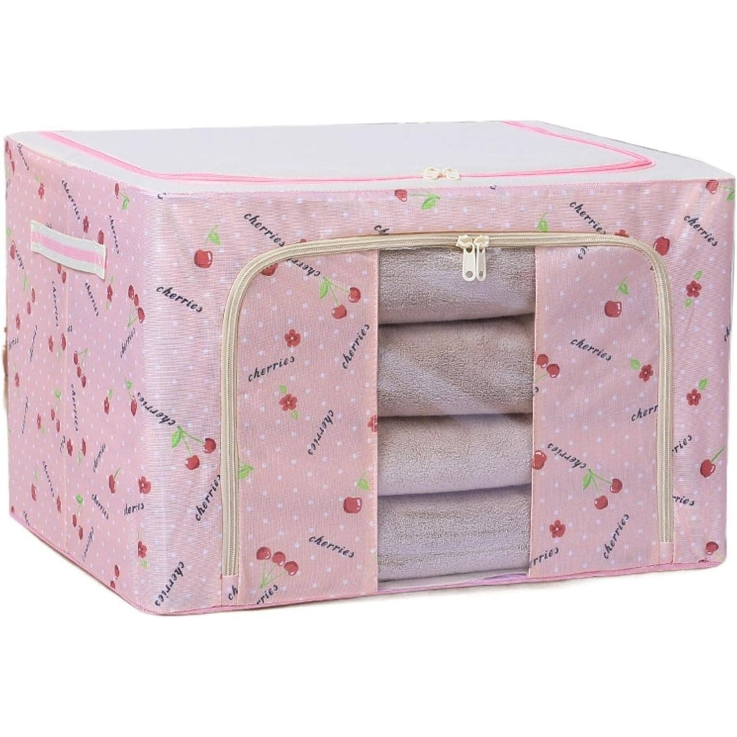 Cutie depozitare pliabila cu sigiliu, AngelBear, Cu Fermoar, 66 L, Textil, 50x40x33 cm, cu Fereastra, Cadru Metalic, Suport Baza Stabil din Plastic, Imprimeu Cirese, Roz