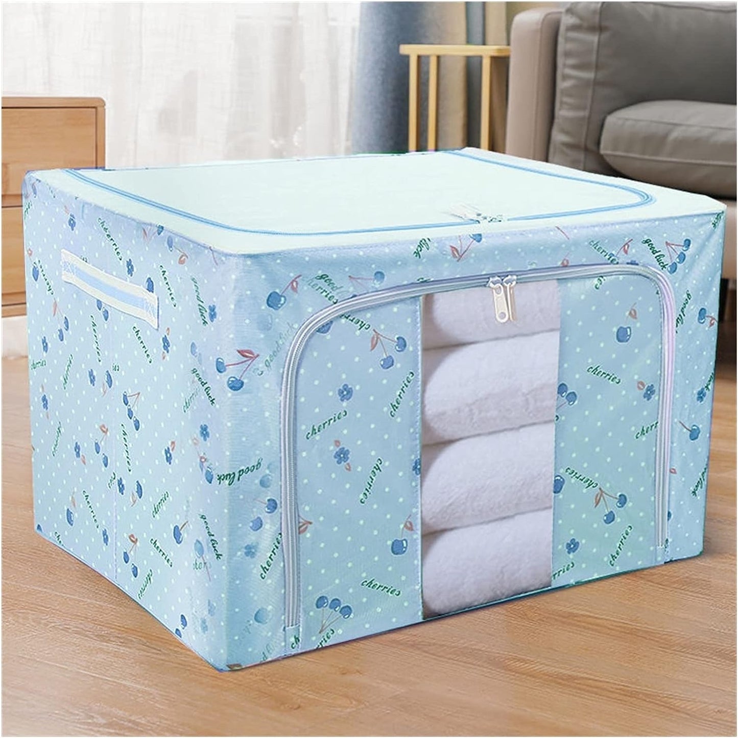 Cutie depozitare pliabila cu sigiliu, AngelBear, Cu Fermoar, 66 L, Textil, 50x40x33 cm, cu 2 Ferestre, Cadru Metalic, Suport Baza Stabil din Plastic, Imprimeu Cirese, Albastru
