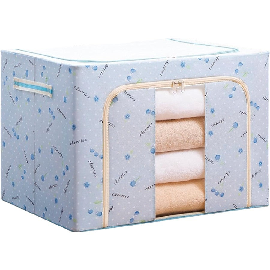 Cutie depozitare pliabila cu sigiliu, AngelBear, Cu Fermoar, 66 L, Textil, 50x40x33 cm, cu 2 Ferestre, Cadru Metalic, Suport Baza Stabil din Plastic, Imprimeu Cirese, Albastru