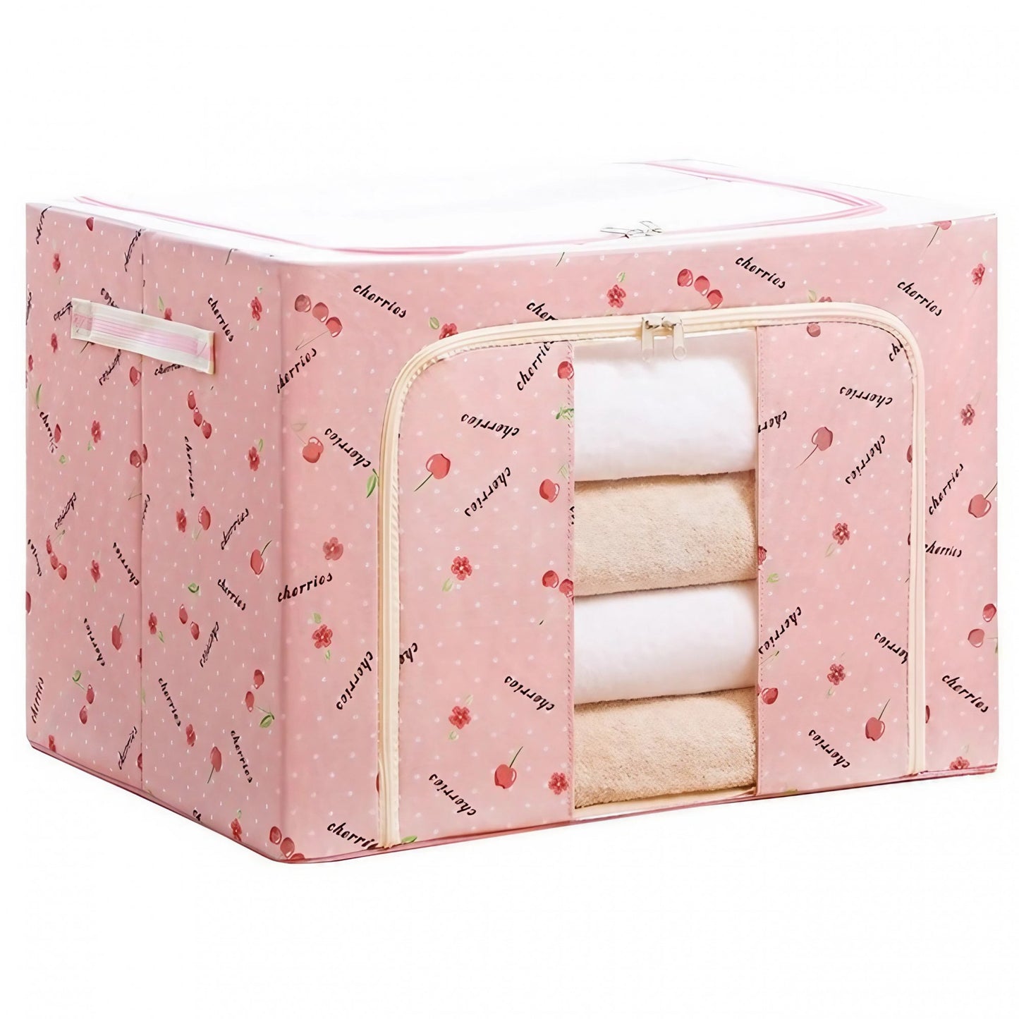 Cutie depozitare pliabila cu sigiliu, AngelBear, Cu Fermoar, 66 L, Textil, 50x40x33 cm, cu Fereastra, Cadru Metalic, Suport Baza Stabil din Plastic, Imprimeu Cirese, Roz