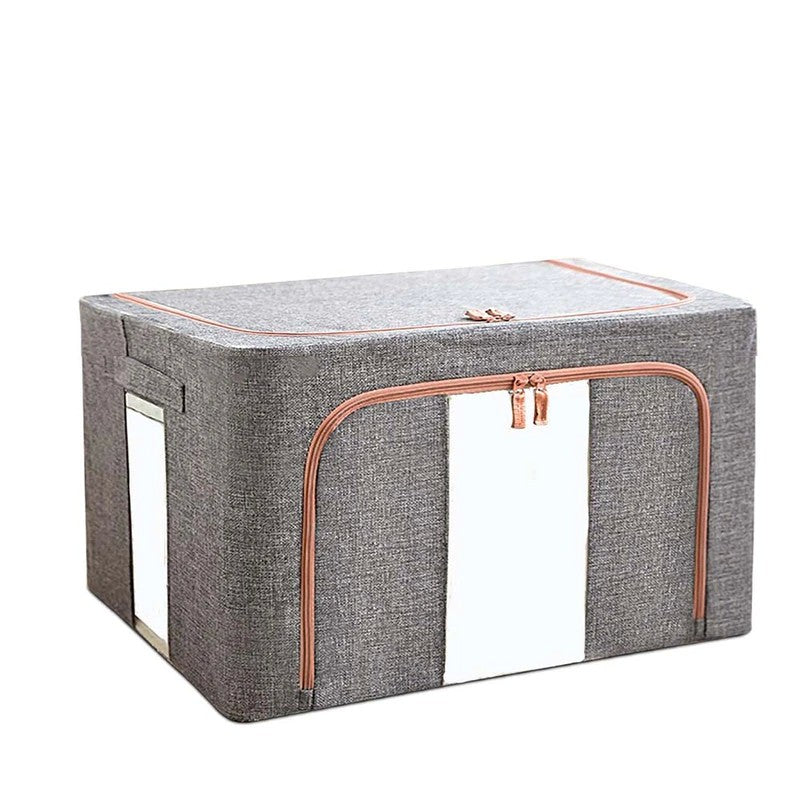 Cutie depozitare pliabila cu sigiliu, AngelBear, Cu fermoar, 66 L, Textil, 50x40x33 cm, Gri, Cadru Metalic, Suport Baza Stabil din Plastic, Cu doua ferestre