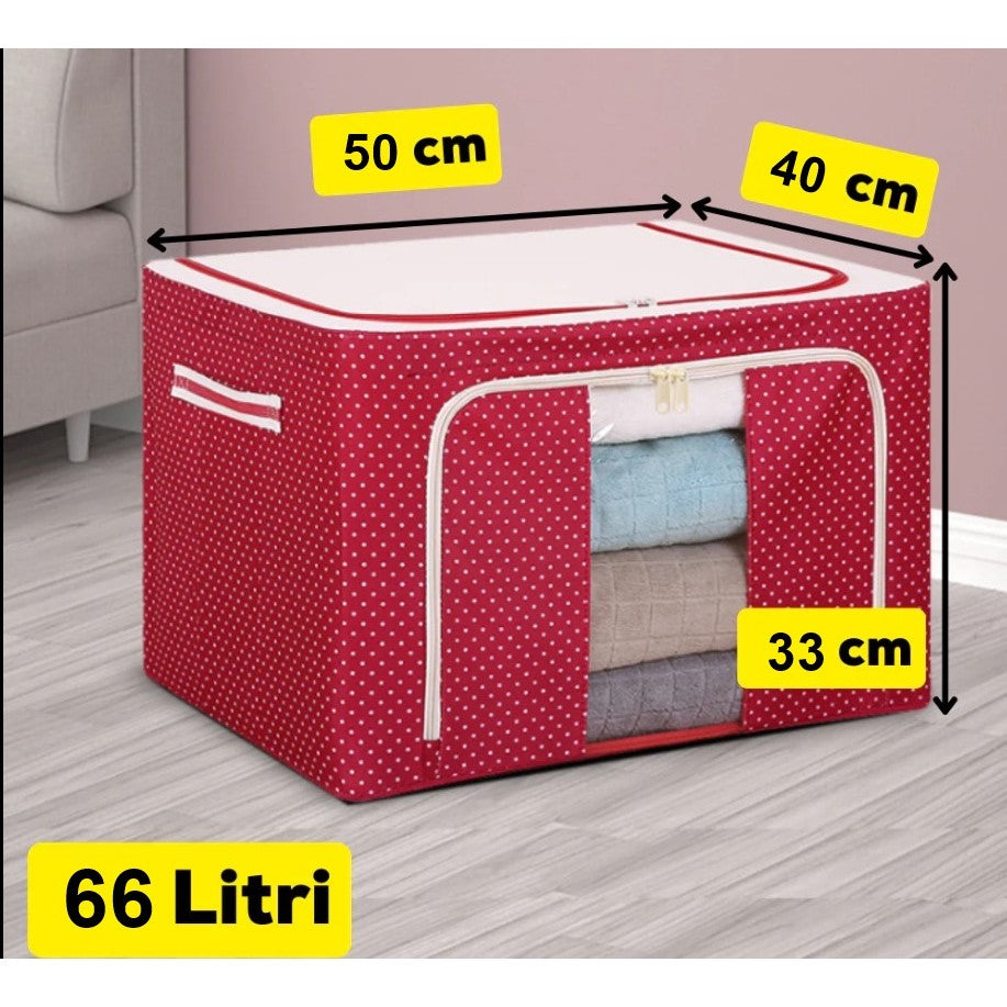 Cutie depozitare pliabila cu sigiliu, AngelBear, 66 L, din Tesatura Oxford, 50x40x33 cm, Fereastra Frontala, 2 Usi de Acces cu Fermoar Bidirectional, Cadru Metalic, Suport Baza Stabil din Plastic, Imprimeu Buline, Rosu