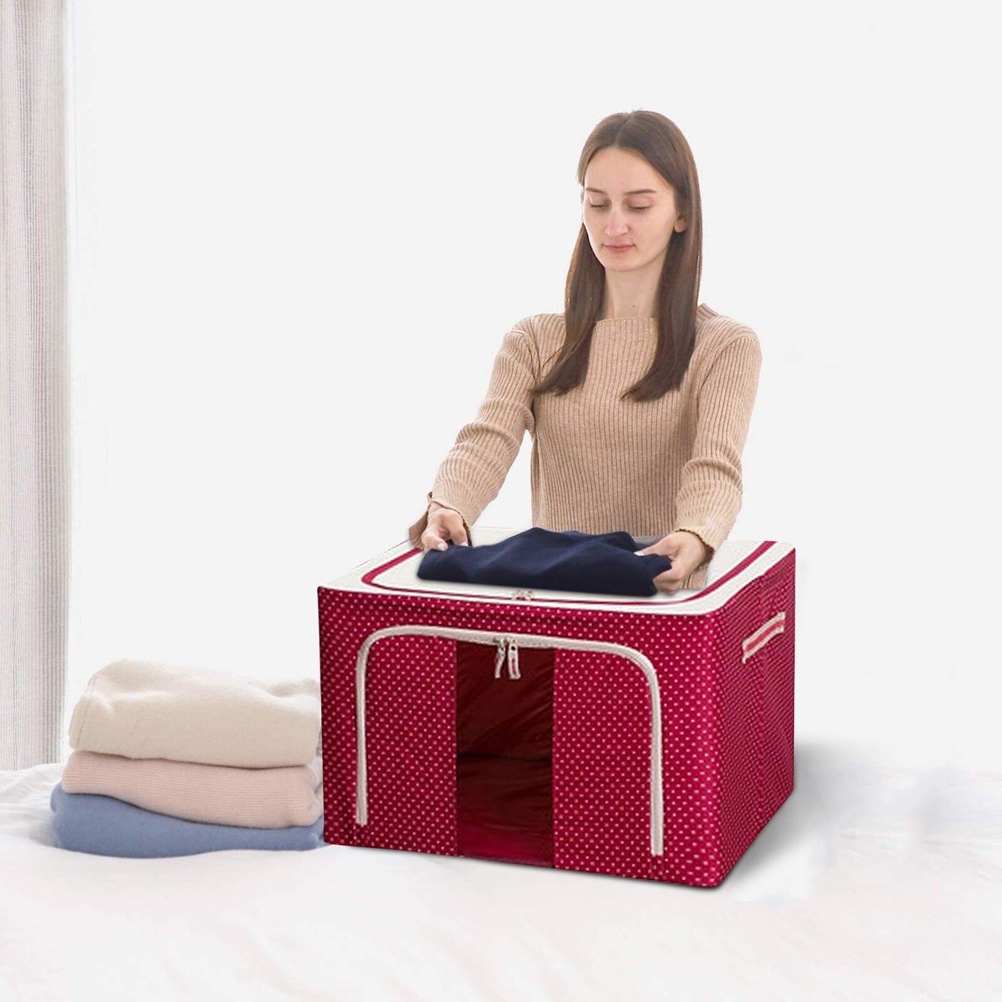Cutie depozitare pliabila cu sigiliu, AngelBear, 66 L, din Tesatura Oxford, 50x40x33 cm, Fereastra Frontala, 2 Usi de Acces cu Fermoar Bidirectional, Cadru Metalic, Suport Baza Stabil din Plastic, Imprimeu Buline, Rosu