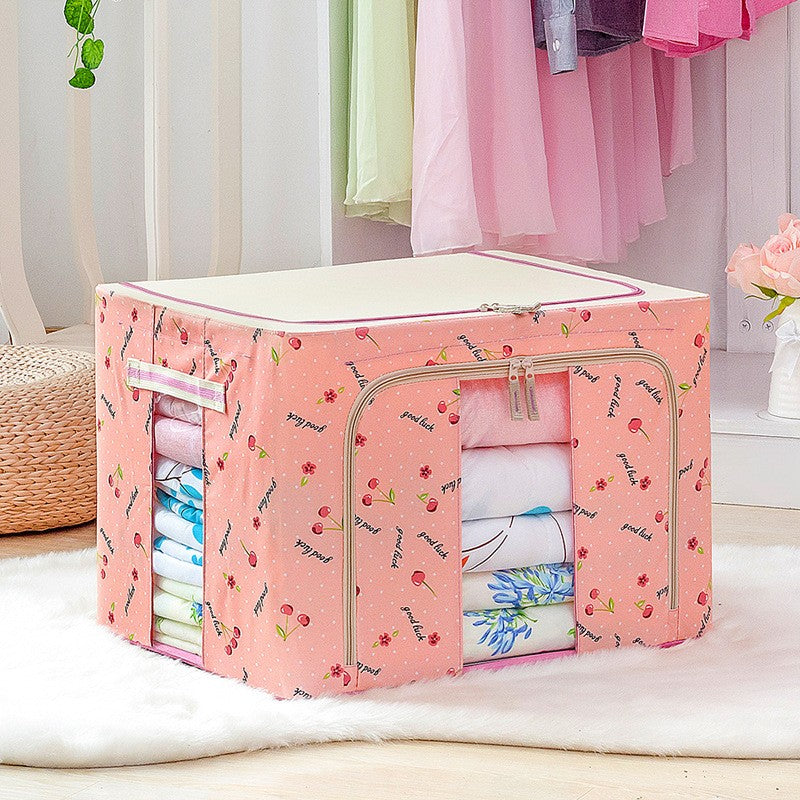Cutie depozitare pliabila cu sigiliu, AngelBear, 66 L, din Tesatura Oxford, 50x40x33 cm, 2 Ferestre, Frontala si Laterala, 2 Usi de Acces cu Fermoar Bidirectional, Cadru Metalic, Suport Baza Stabil din Plastic, Imprimeu Cirese, Roz