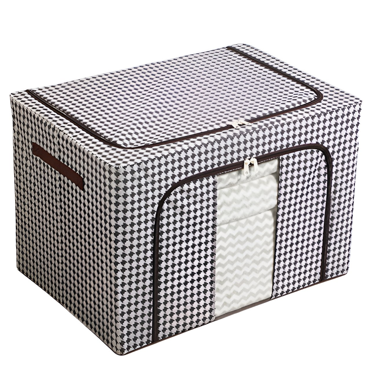 Cutie depozitare pliabila cu sigiliu, AngelBear, Cu fermoar Bidirectional, 100 L, Textil, 60x42x40 cm, Cadru Metalic, o Fereastra, Suport Baza Stabil din Plastic, Design Zebra, Alb Negru