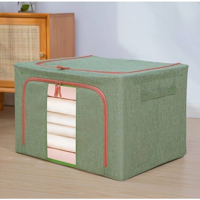 Cutie depozitare pliabila cu sigiliu, AngelBear, Cu fermoar Bidirectional, 66 L, Textil, 50x40x33 cm, Cadru Metalic, o Fereastra, Suport Baza Stabil din Plastic, Verde