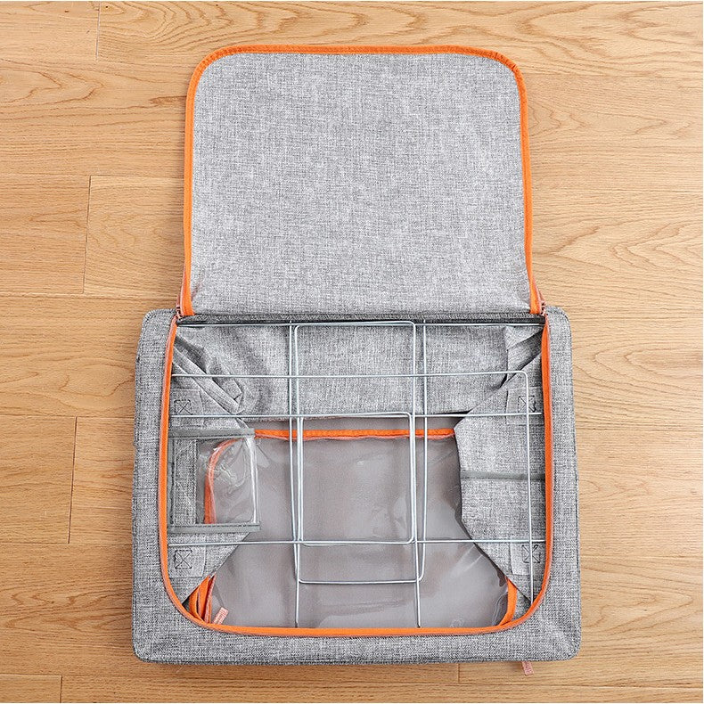 Cutie depozitare pliabila cu sigiliu, AngelBear, 24 L, din Bumbac si In, 40x30x20 cm, Fereastra Frontala, 2 Usi de Acces cu Fermoar Bidirectional, Cadru Metalic, Suport Baza Stabil din Plastic, Gri