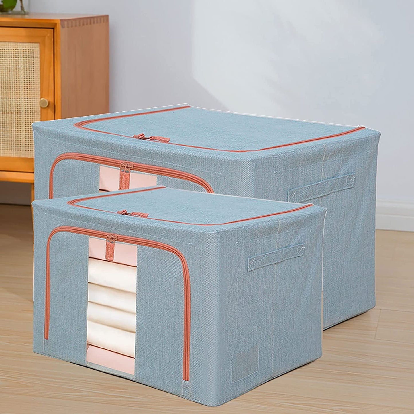 Cutie depozitare pliabila cu sigiliu, AngelBear, 24 L, din Bumbac si In, 40x30x20 cm, Fereastra Frontala, 2 Usi de Acces cu Fermoar Bidirectional, Cadru Metalic, Suport Baza Stabil din Plastic, Bleu