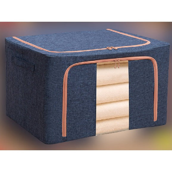 Cutie depozitare pliabila cu sigiliu, AngelBear, 66 L, din Bumbac si In, 50x40x33 cm, Fereastra Frontala, 2 Usi de Acces cu Fermoar Bidirectional, Cadru Metalic, Suport Baza Stabil din Plastic, Albastru Marin