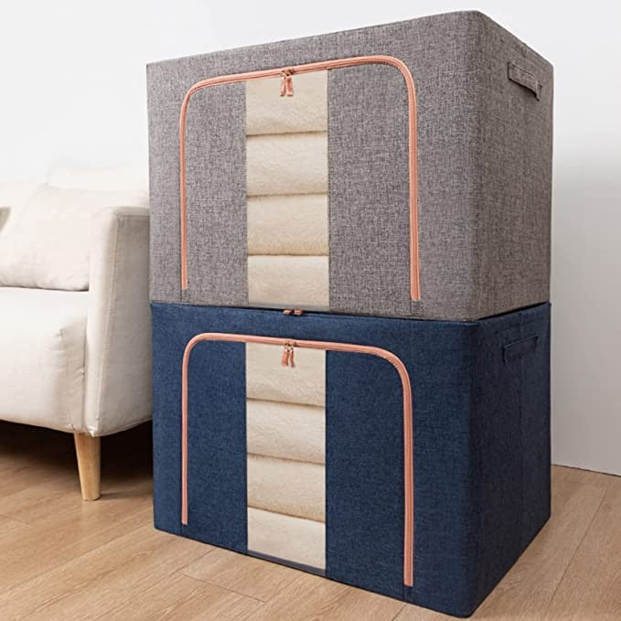 Cutie depozitare pliabila cu sigiliu, AngelBear, 66 L, din Bumbac si In, 50x40x33 cm, Fereastra Frontala, 2 Usi de Acces cu Fermoar Bidirectional, Cadru Metalic, Suport Baza Stabil din Plastic, Albastru Marin
