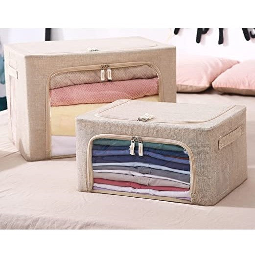 Cutie depozitare pliabila cu sigiliu, AngelBear, Cu fermoar, 66 L, Textil, 50x40x33 cm, Cadru Metalic, Suport Baza Stabil din Plastic, Crem