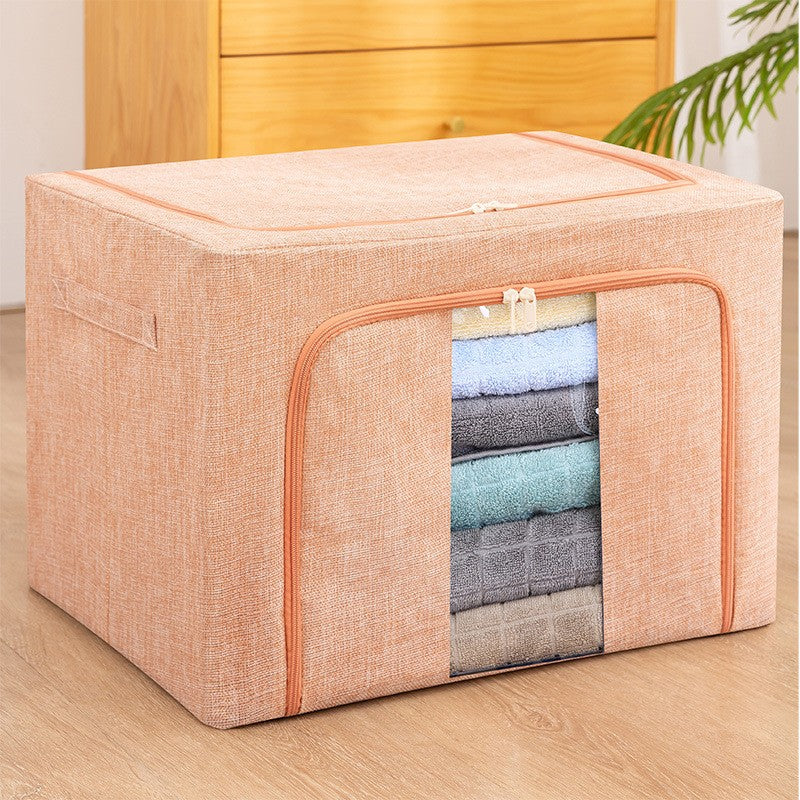 Cutie depozitare pliabila cu sigiliu, AngelBear, 66 L, din Bumbac si In, 50x40x33 cm, Fereastra Frontala, 2 Usi de Acces cu Fermoar Bidirectional, Cadru Metalic, Suport Baza Stabil din Plastic, Roz Pudrat