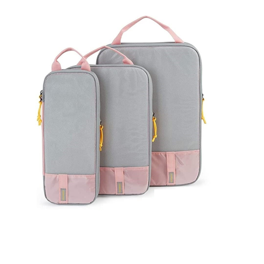 Set 3 Genti de Calatorie AngelBear cu sigilii, Pentru Depozitare, Compresibile, 3 Dimensiuni, Mic, Mediu, Mare, Impermeabile, Fermoar Dublu, Roz
