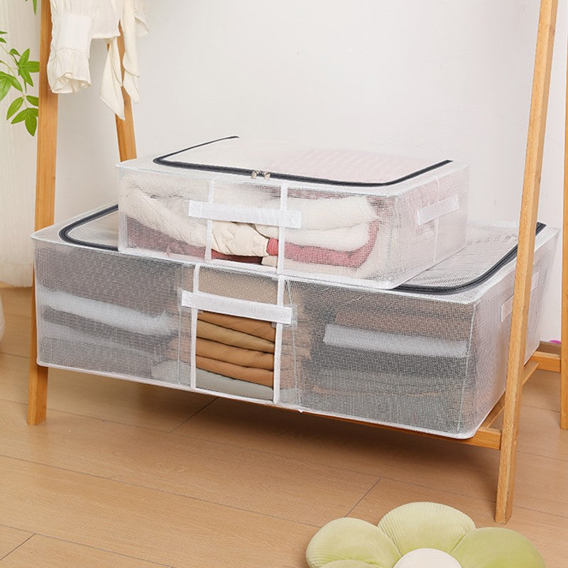 Cutie de Depozitare cu sigiliu, AngelBear, pentru Haine, Incaltaminte, din Plasa PVC Impermeabila si Manere Laterale, Pliabila, Fermoar Bidirectional, 80 x 47 x 18 cm, Transparenta