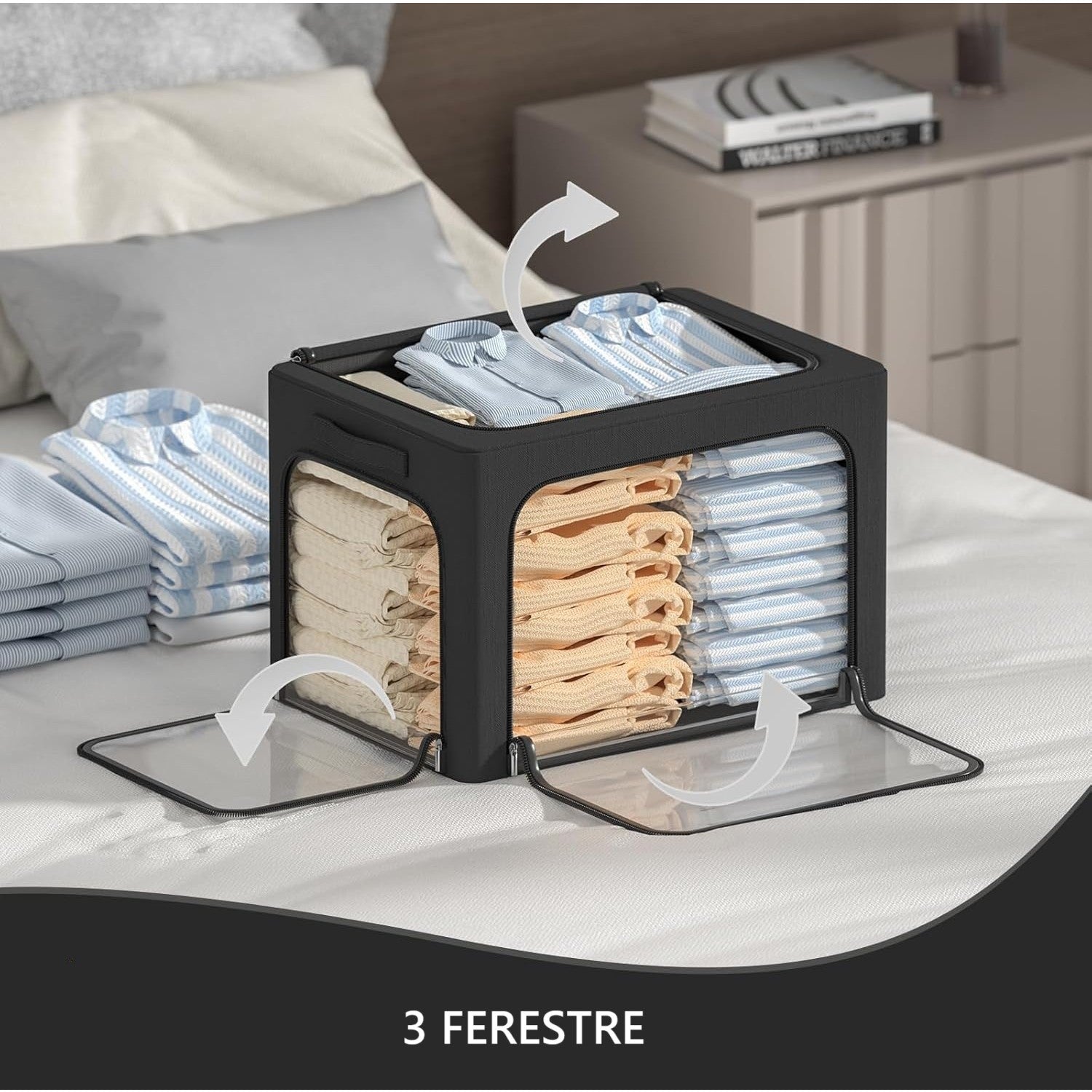 Cutie de Depozitare cu sigiliu, AngelBear, cu 3 Ferestre cu Fermoar Bidirectional, Cadru din Otel, Impermeabil, 38L, 42 x 30 x 30 cm, Negru