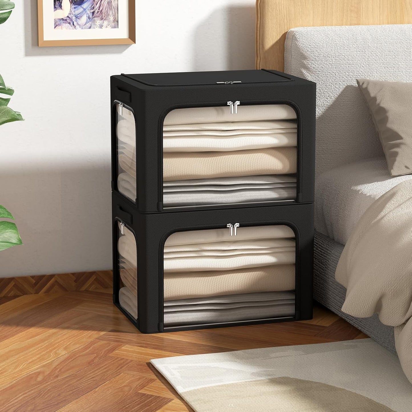 Cutie de Depozitare cu sigiliu, AngelBear, cu 3 Ferestre cu Fermoar Bidirectional, Cadru din Otel, Impermeabil, 38L, 42 x 30 x 30 cm, Negru
