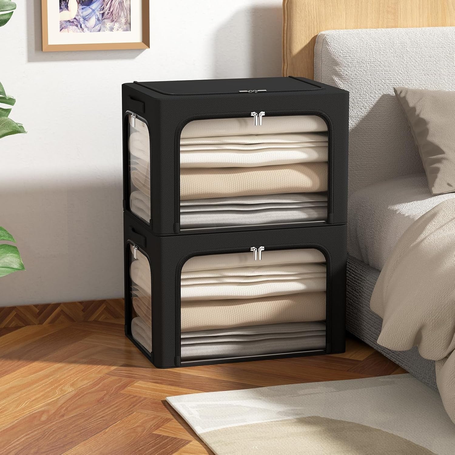 Cutie de Depozitare cu sigiliu, AngelBear, cu 3 Ferestre cu Fermoar Bidirectional, Cadru din Otel, Impermeabil, 38L, 42 x 30 x 30 cm, Negru