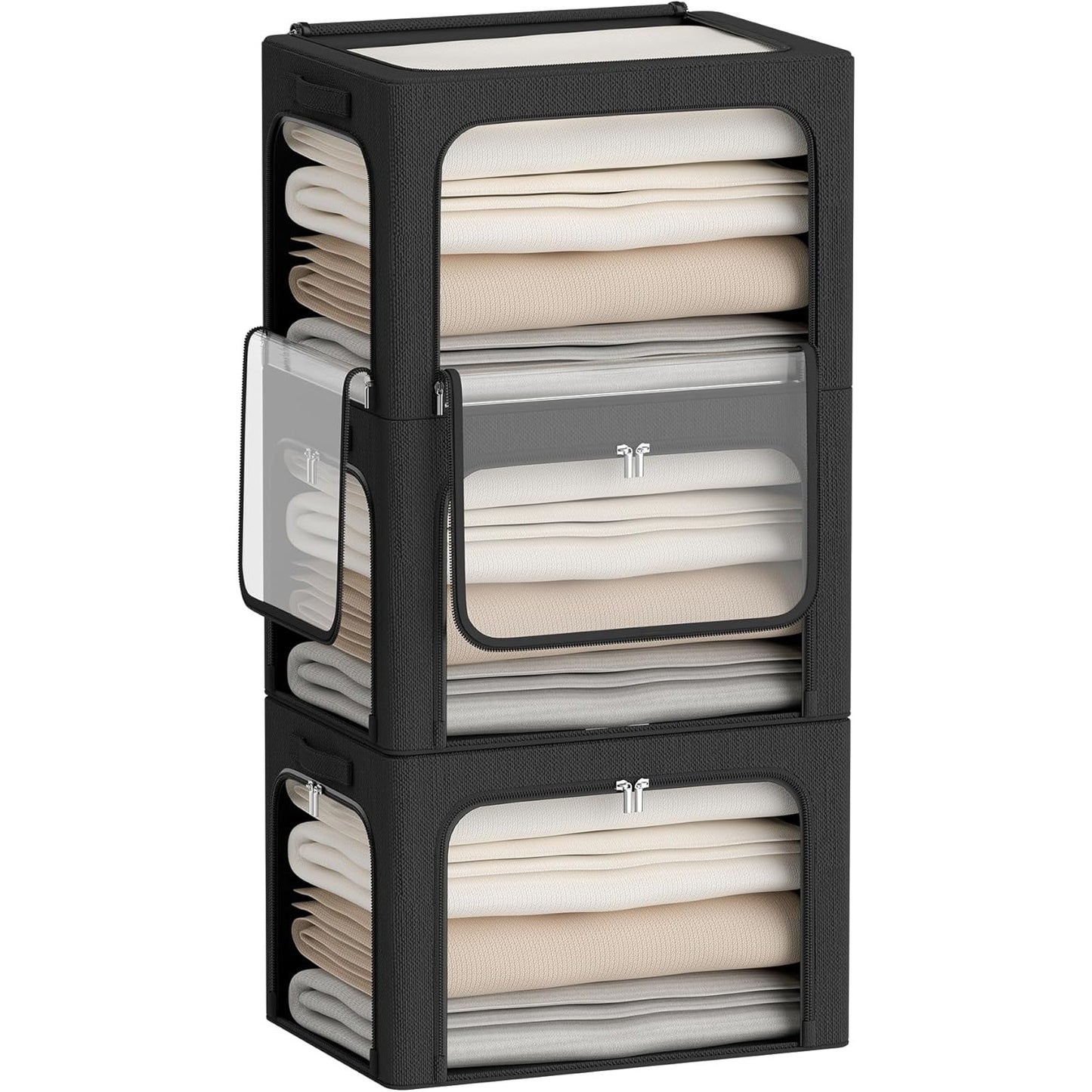Cutie de Depozitare cu sigiliu, AngelBear, cu 3 Ferestre cu Fermoar Bidirectional, Cadru din Otel, Impermeabil, 38L, 42 x 30 x 30 cm, Negru