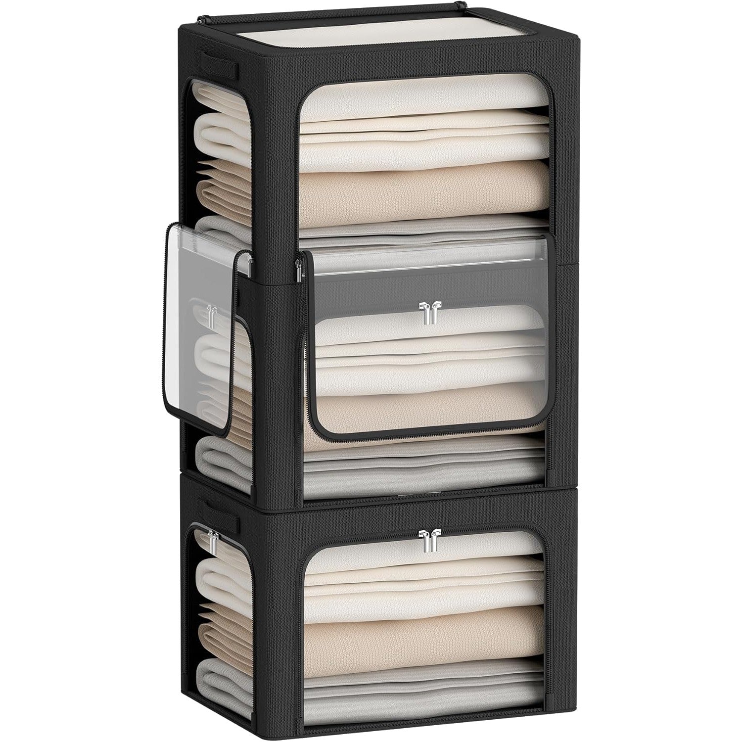 Cutie de Depozitare cu sigiliu, AngelBear, cu 3 Ferestre cu Fermoar Bidirectional, Cadru din Otel, Impermeabil, 38L, 42 x 30 x 30 cm, Negru