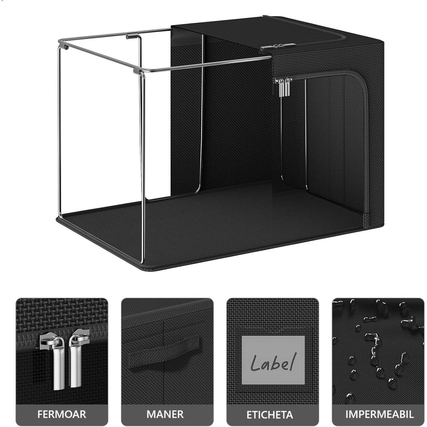 Cutie de Depozitare cu sigiliu, AngelBear, cu 3 Ferestre cu Fermoar Bidirectional, Cadru din Otel, Impermeabil, 38L, 42 x 30 x 30 cm, Negru