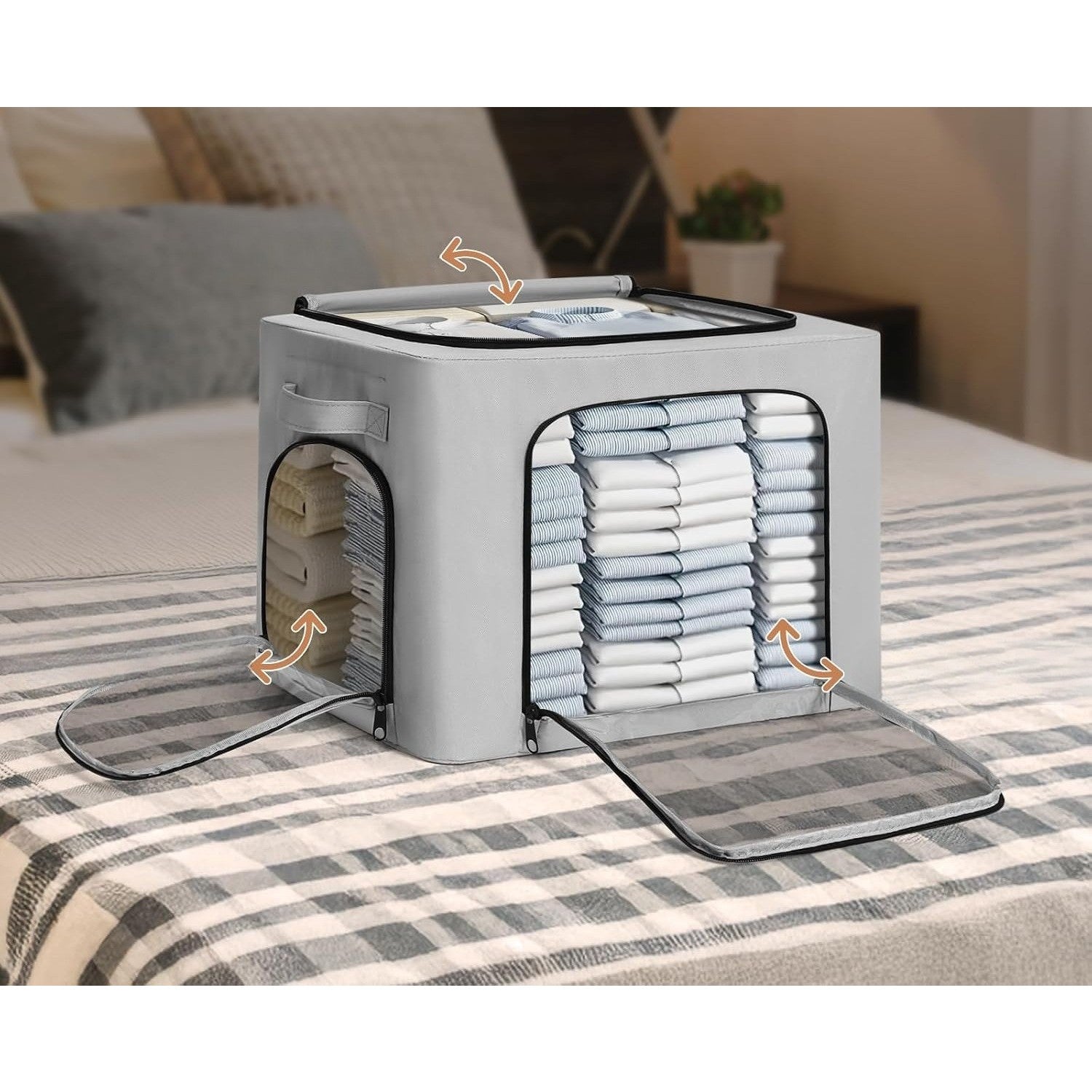 Cutie de Depozitare cu sigiliu, AngelBear, cu 3 Ferestre cu Fermoar Bidirectional, Cadru din Otel, Impermeabil, 38L, 42 x 30 x 30 cm, Gri