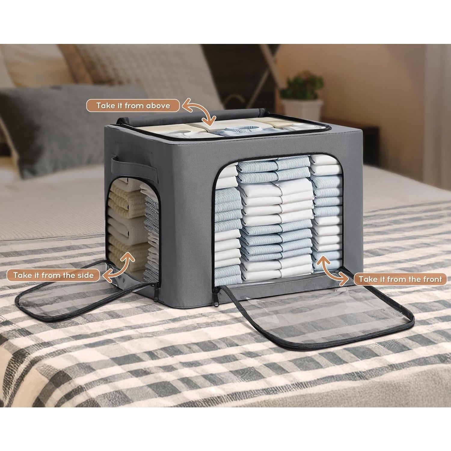 Cutie de Depozitare cu sigiliu, AngelBear, cu 3 Ferestre cu Fermoar Bidirectional, Cadru din Otel, Impermeabil, 38L, 42 x 30 x 30 cm, Gri Inchis