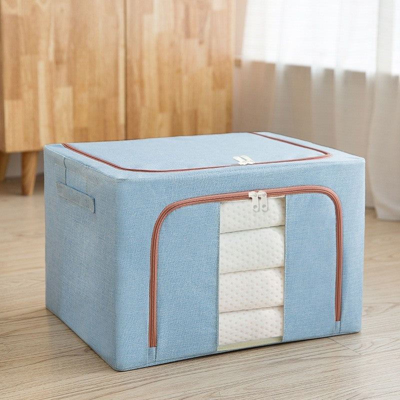 Cutie depozitare pliabila cu sigiliu, AngelBear, 100 L, din Bumbac si In, 60x42x40 cm, 2 Ferestre, Frontala si Laterala, 2 Usi de Acces cu Fermoar Bidirectional, Cadru Metalic, Suport Baza Stabil din Plastic, Bleu