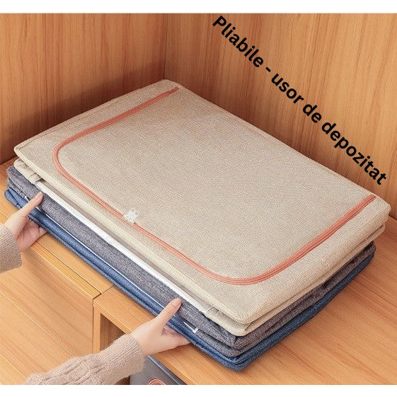Cutie depozitare pliabila cu sigiliu, AngelBear, 100 L, din Bumbac si In, 60x42x40 cm, 2 Ferestre, Frontala si Laterala, 2 Usi de Acces cu Fermoar Bidirectional, Cadru Metalic, Suport Baza Stabil din Plastic, Bleu