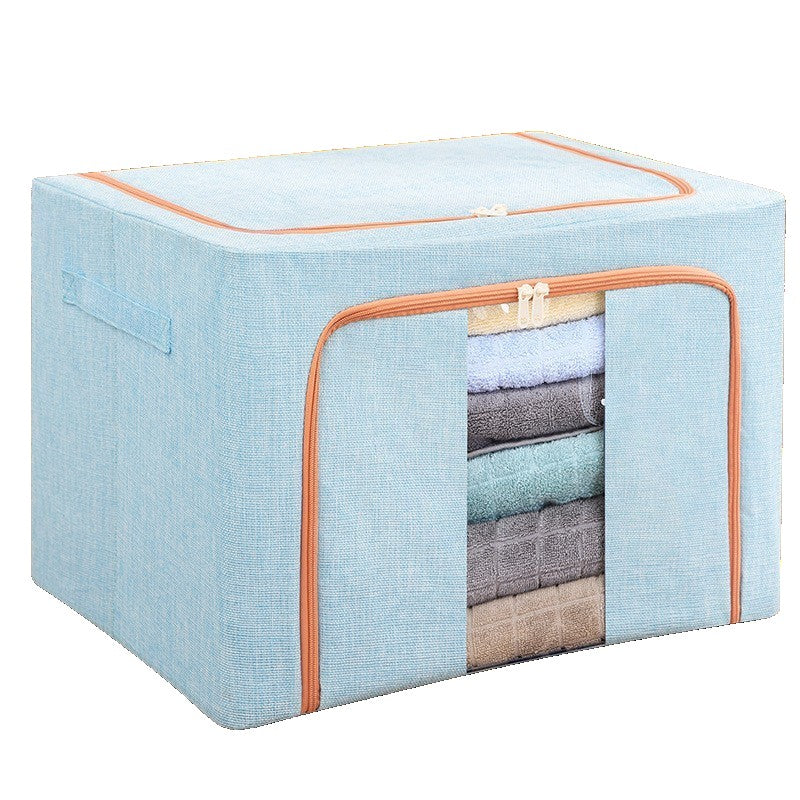 Cutie depozitare pliabila cu sigiliu, AngelBear, 100 L, din Bumbac si In, 60x42x40 cm, 2 Ferestre, Frontala si Laterala, 2 Usi de Acces cu Fermoar Bidirectional, Cadru Metalic, Suport Baza Stabil din Plastic, Bleu