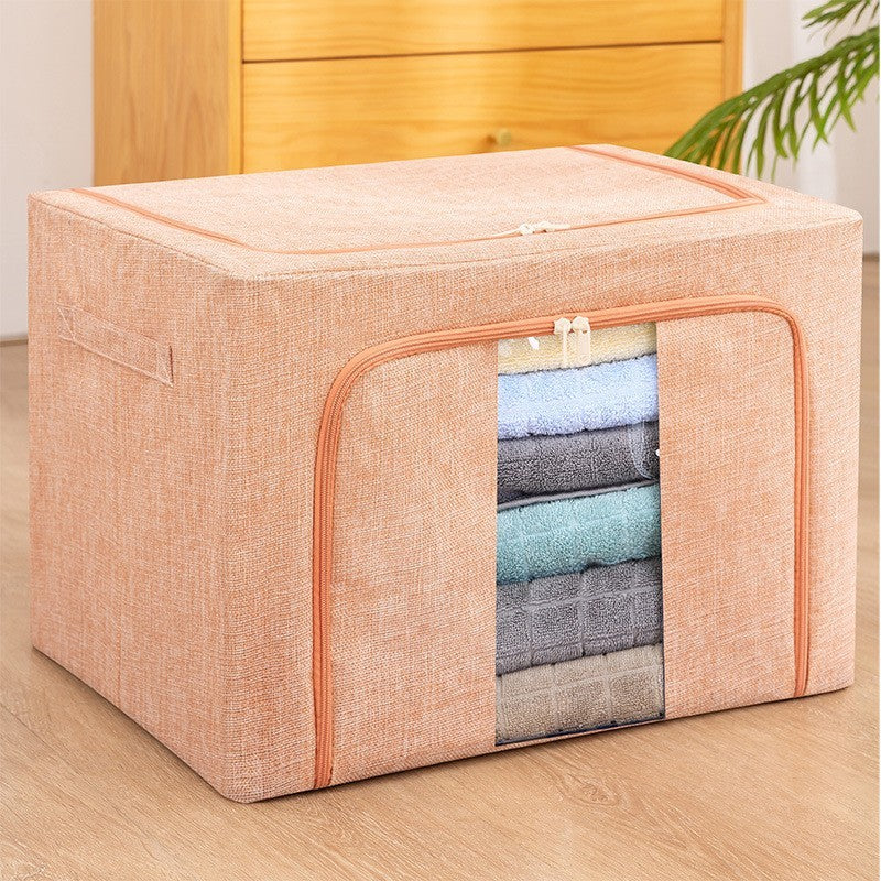 Cutie depozitare pliabila cu sigiliu, AngelBear, 100 L, din Bumbac si In, 60x42x40 cm, Fereastra Frontala, 2 Usi de Acces cu Fermoar Bidirectional, Cadru Metalic, Suport Baza Stabil din Plastic, Roz Pudrat