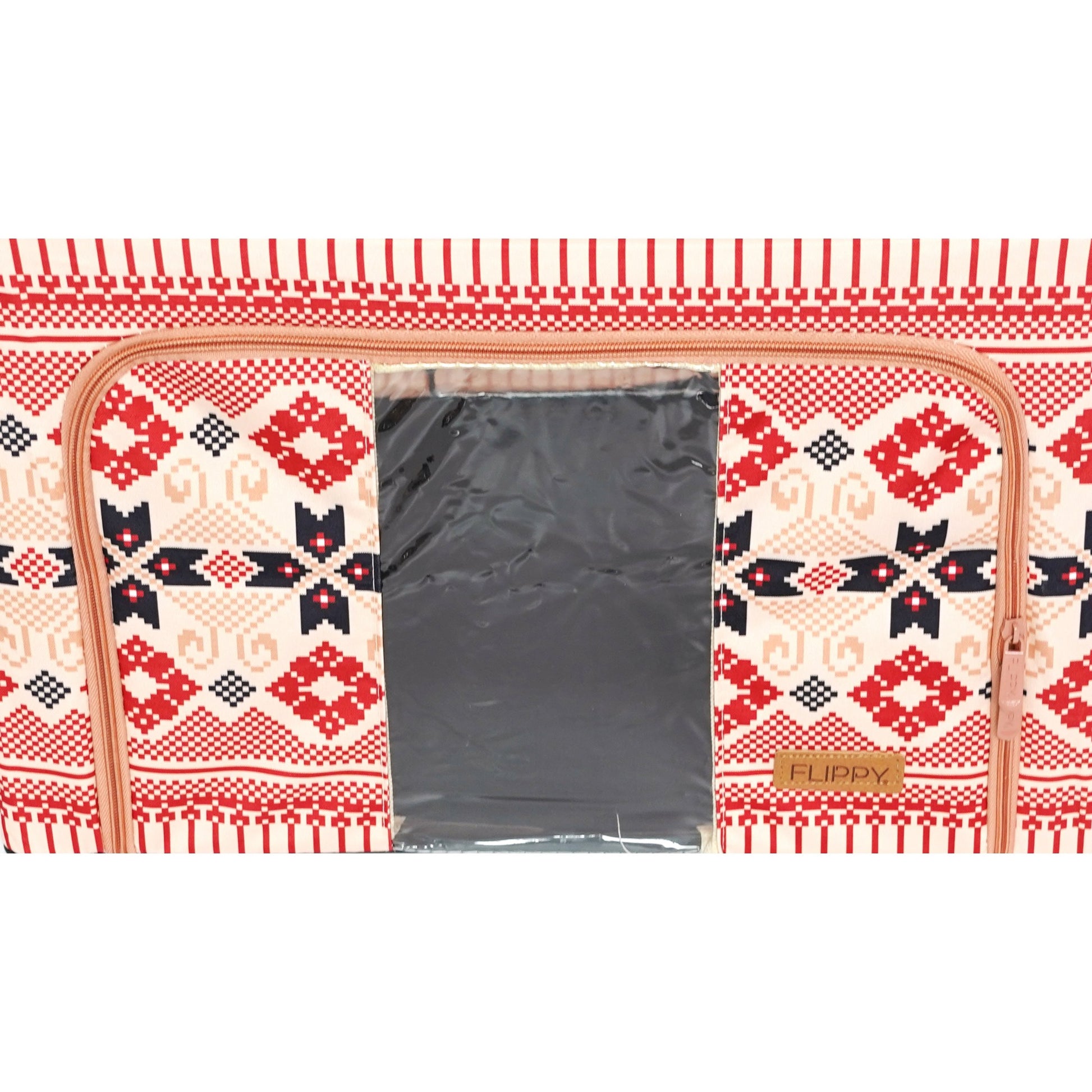 Cutie depozitare pliabila cu sigiliu, AngelBear,100 L din Bumbac si In, 60X42X40 cm, Fereastra Frontala, 2 Usi de Acces cu Fermoar Bidirectional, Cadru Metalic, Suport Baza Stabil din Plastic, Motiv Traditional Model 1