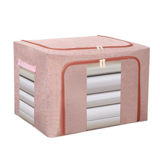 Cutie depozitare pliabila cu sigiliu, AngelBear, 66 L, din Bumbac si In, 50x40x33 cm, 2 Ferestre, Frontala si Laterala, 2 Usi de Acces cu Fermoar Bidirectional, Cadru Metalic, Suport Baza Stabil din Plastic, Roz Pudrat