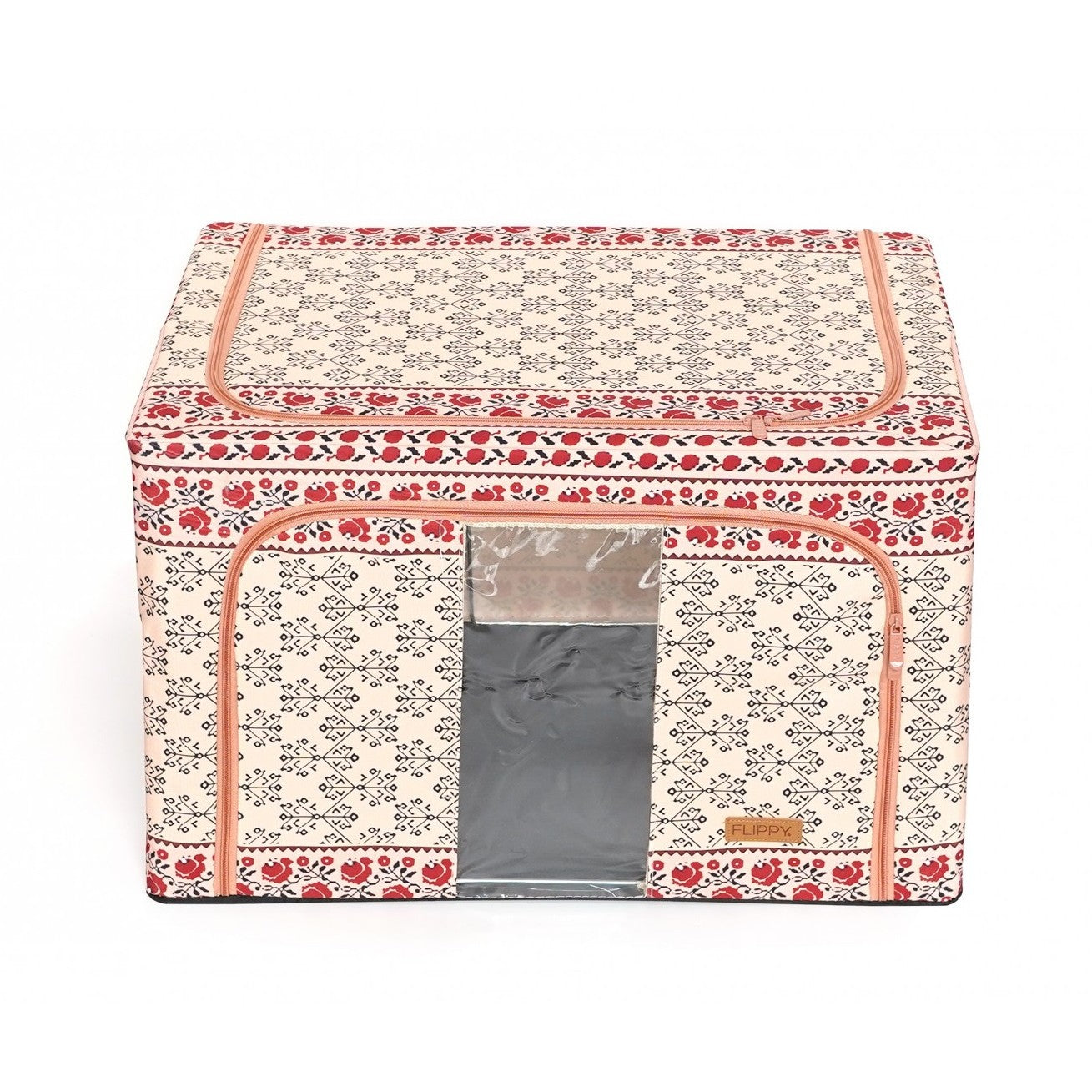 Cutie depozitare pliabila cu sigiliu, AngelBear, 66 L din Bumbac si In, 52 x 42 x 39 cm, Fereastra Frontala, 2 Usi de Acces cu Fermoar Bidirectional, Cadru Metalic, Suport Baza Stabil din Plastic, Motiv Traditional Model 6