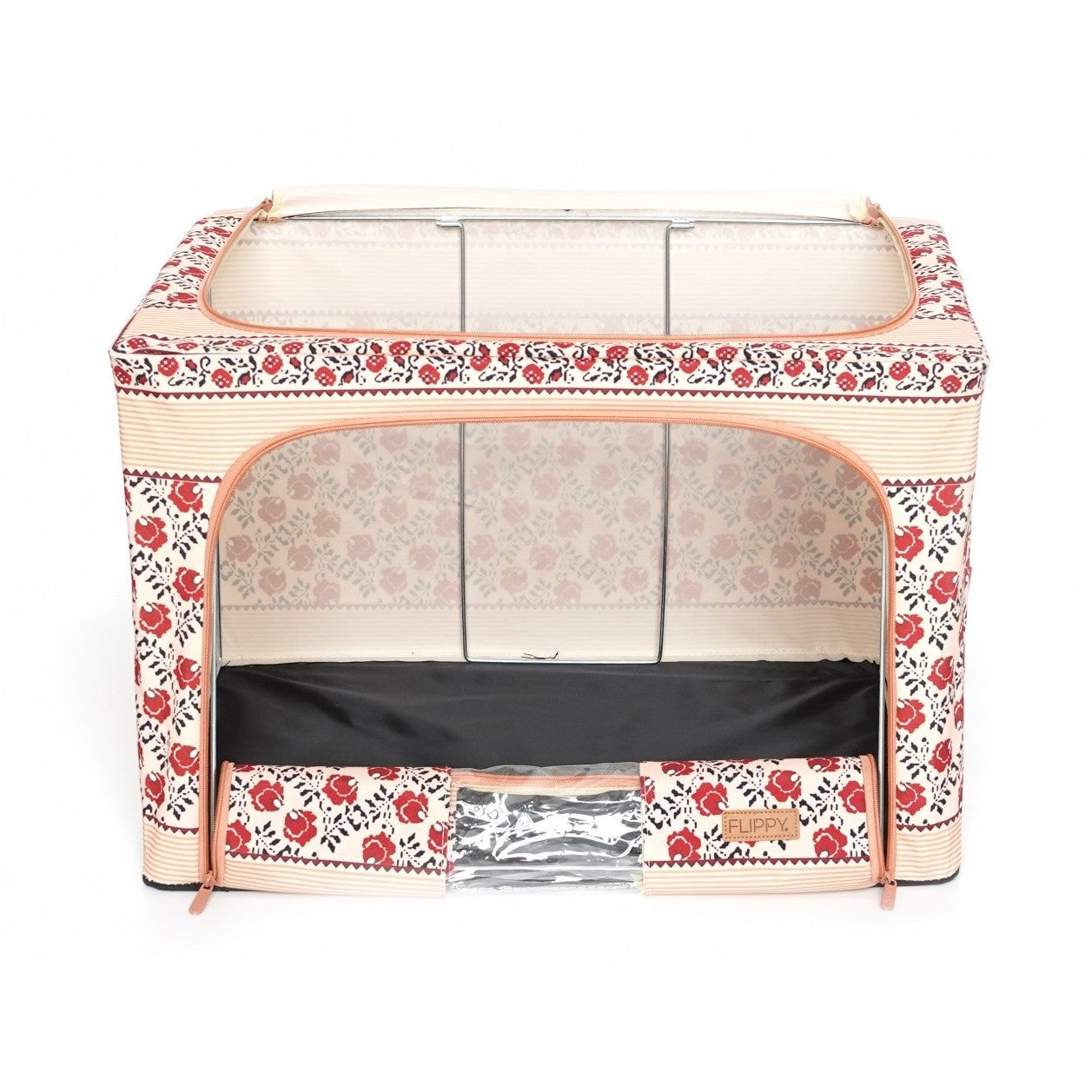 Cutie depozitare pliabila cu sigiliu, AngelBear, 66 L din Bumbac si In, 52 x 42 x 39 cm, Fereastra Frontala, 2 Usi de Acces cu Fermoar Bidirectional, Cadru Metalic, Suport Baza Stabil din Plastic, Motiv Traditional Model 7