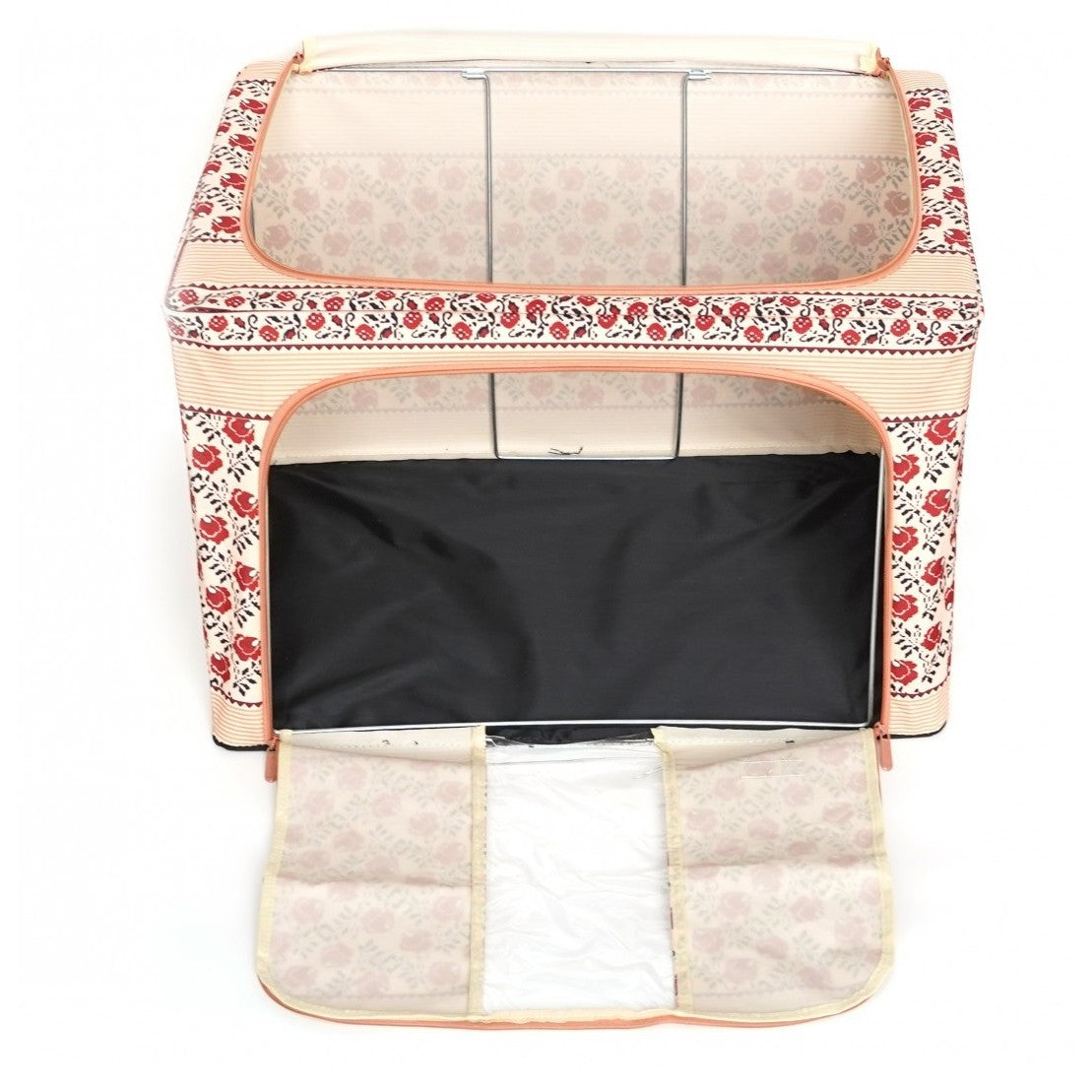 Cutie depozitare pliabila cu sigiliu, AngelBear, 66 L din Bumbac si In, 52 x 42 x 39 cm, Fereastra Frontala, 2 Usi de Acces cu Fermoar Bidirectional, Cadru Metalic, Suport Baza Stabil din Plastic, Motiv Traditional Model 7