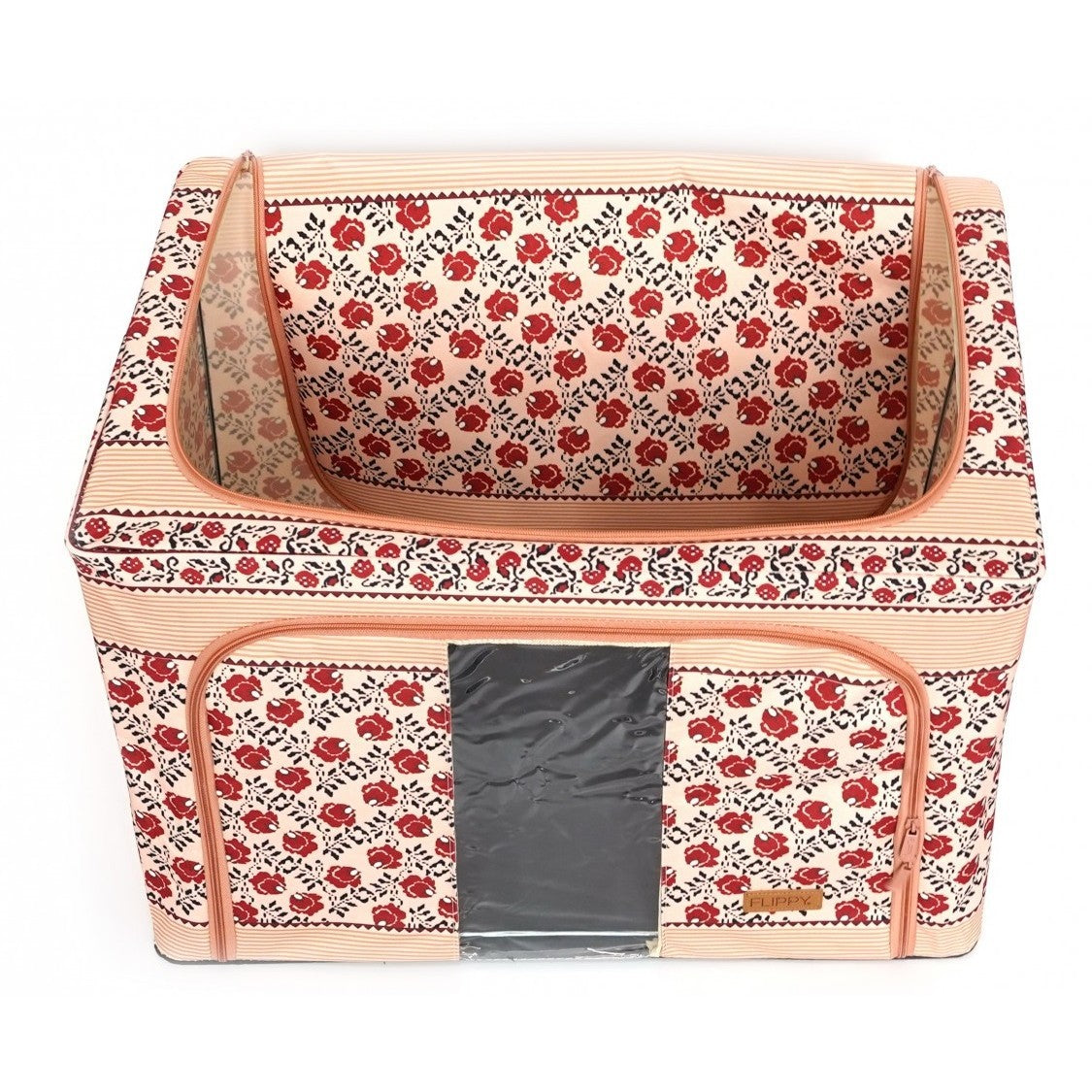 Cutie depozitare pliabila cu sigiliu, AngelBear, 66 L din Bumbac si In, 52 x 42 x 39 cm, Fereastra Frontala, 2 Usi de Acces cu Fermoar Bidirectional, Cadru Metalic, Suport Baza Stabil din Plastic, Motiv Traditional Model 7